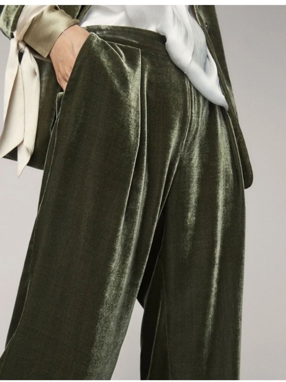 Massimo Dutti Dark Green Silk Blend Velvet Wide‑Leg Pants